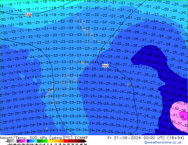 Height/Temp. 500 hPa ECMWF Fr 21.06.2024 00 UTC