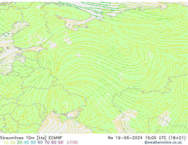 Streamlines 10m ECMWF We 19.06.2024 15 UTC