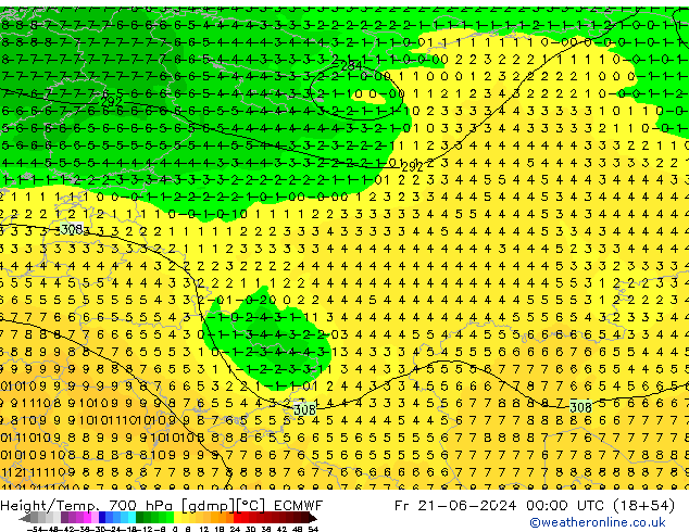 Height/Temp. 700 hPa ECMWF Fr 21.06.2024 00 UTC