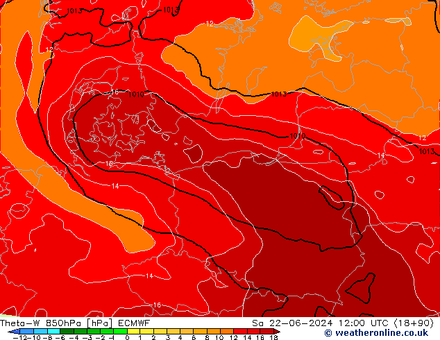 Theta-W 850hPa ECMWF Sa 22.06.2024 12 UTC