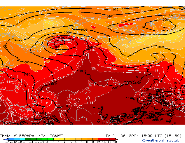 Theta-W 850hPa ECMWF Pá 21.06.2024 15 UTC