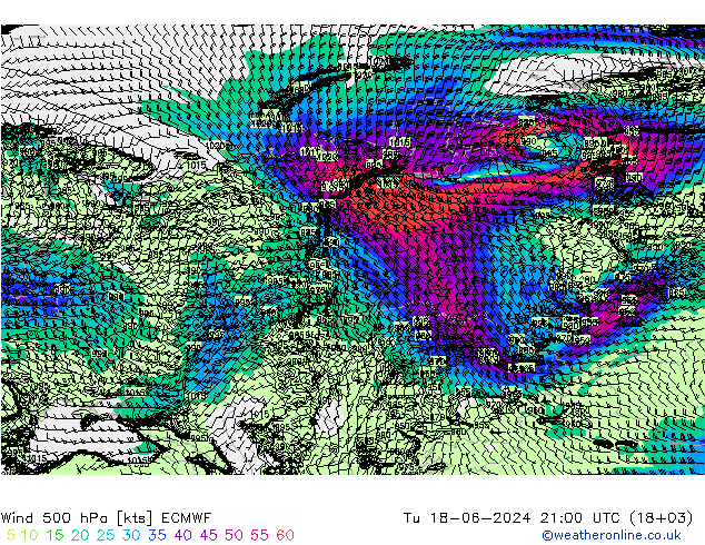 Wind 500 hPa ECMWF Tu 18.06.2024 21 UTC