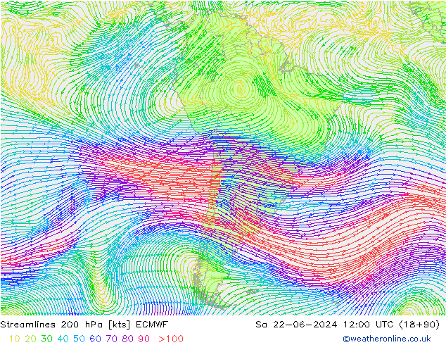 Ligne de courant 200 hPa ECMWF sam 22.06.2024 12 UTC