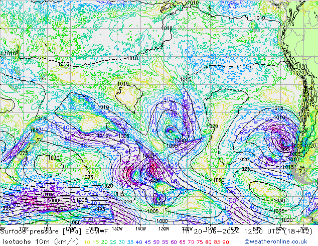 Isotachs (kph) ECMWF Qui 20.06.2024 12 UTC