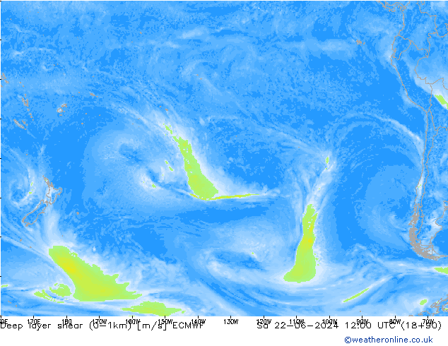 Deep layer shear (0-1km) ECMWF сб 22.06.2024 12 UTC