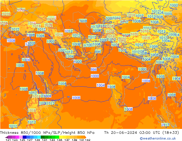 Thck 850-1000 гПа ECMWF чт 20.06.2024 03 UTC