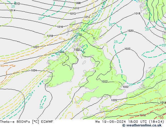 Theta-e 850hPa ECMWF St 19.06.2024 18 UTC