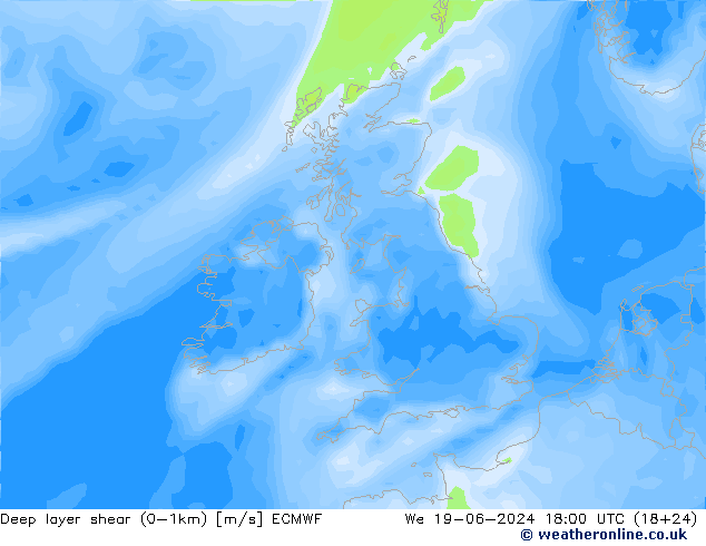 Deep layer shear (0-1km) ECMWF mer 19.06.2024 18 UTC