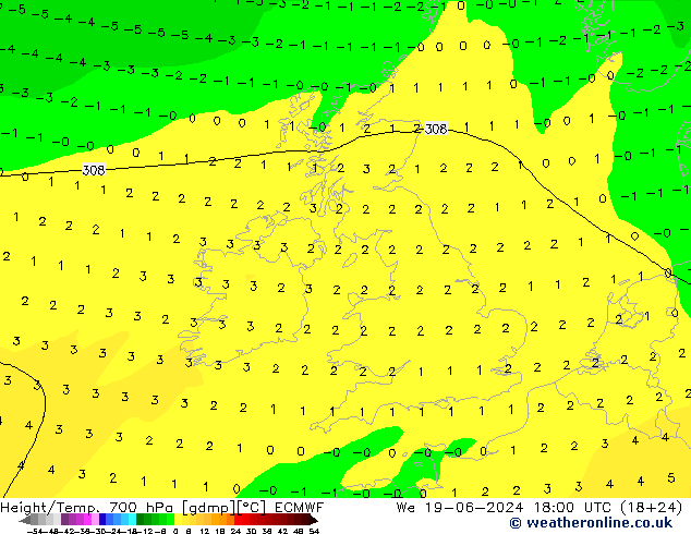 Height/Temp. 700 hPa ECMWF śro. 19.06.2024 18 UTC