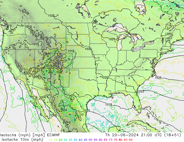 Isotachs (mph) ECMWF jeu 20.06.2024 21 UTC