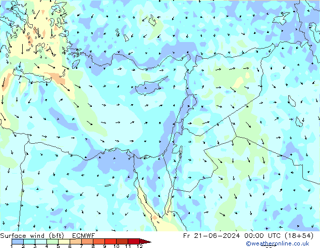 Viento 10 m (bft) ECMWF vie 21.06.2024 00 UTC