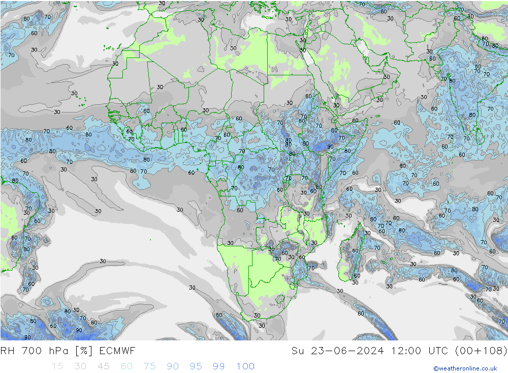 Humedad rel. 700hPa ECMWF dom 23.06.2024 12 UTC