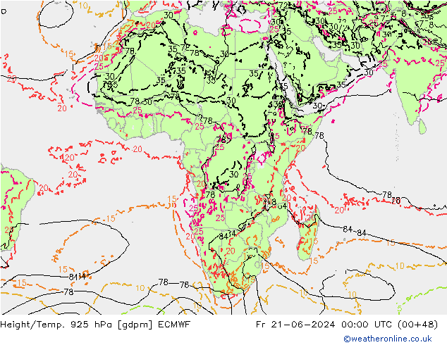 Height/Temp. 925 гПа ECMWF пт 21.06.2024 00 UTC