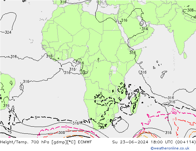 Height/Temp. 700 hPa ECMWF dom 23.06.2024 18 UTC