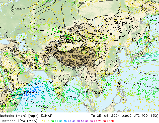 Isotachs (mph) ECMWF  25.06.2024 06 UTC