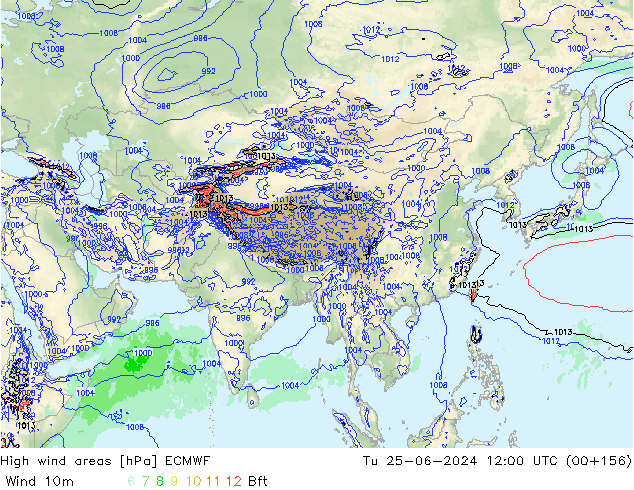 High wind areas ECMWF Út 25.06.2024 12 UTC
