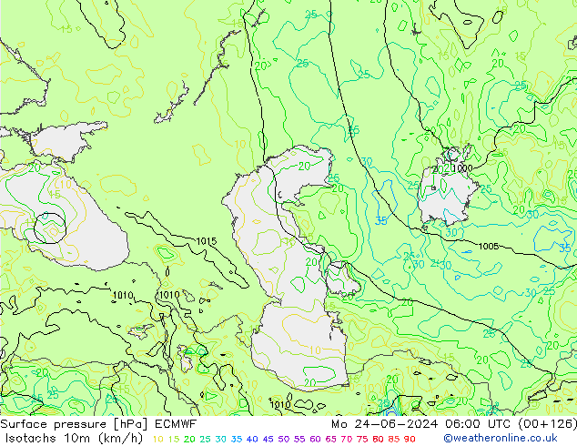 Isotachen (km/h) ECMWF Mo 24.06.2024 06 UTC