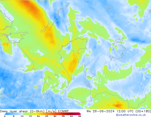 Deep layer shear (0-6km) ECMWF Qua 26.06.2024 12 UTC