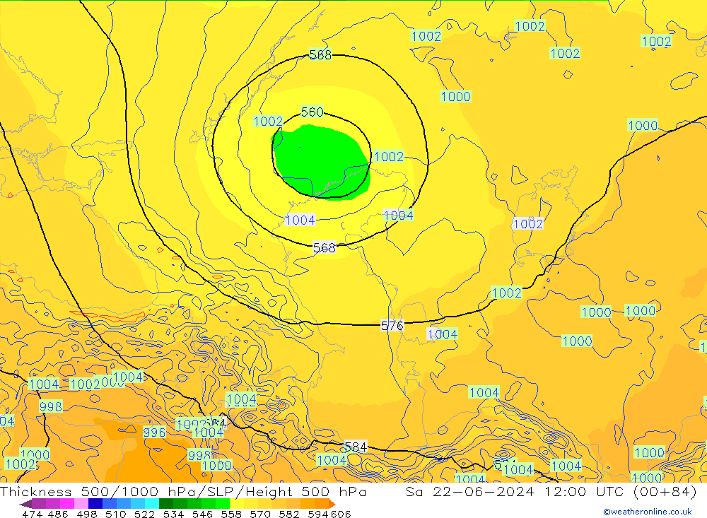 Dikte 500-1000hPa ECMWF za 22.06.2024 12 UTC