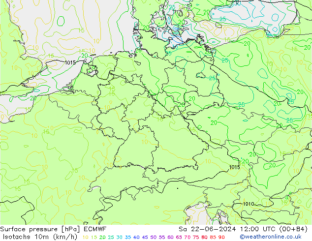 Izotacha (km/godz) ECMWF so. 22.06.2024 12 UTC