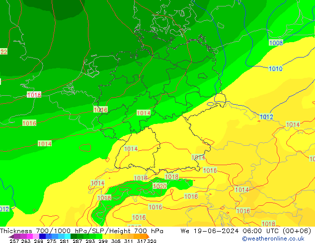 Schichtdicke 700-1000 hPa ECMWF Mi 19.06.2024 06 UTC