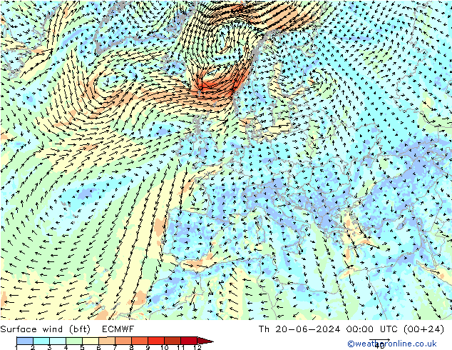 wiatr 10 m (bft) ECMWF czw. 20.06.2024 00 UTC