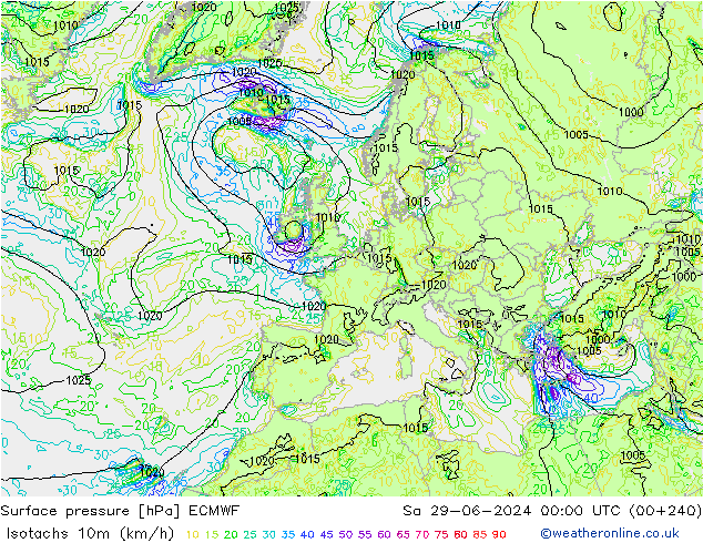 Eşrüzgar Hızları (km/sa) ECMWF Cts 29.06.2024 00 UTC