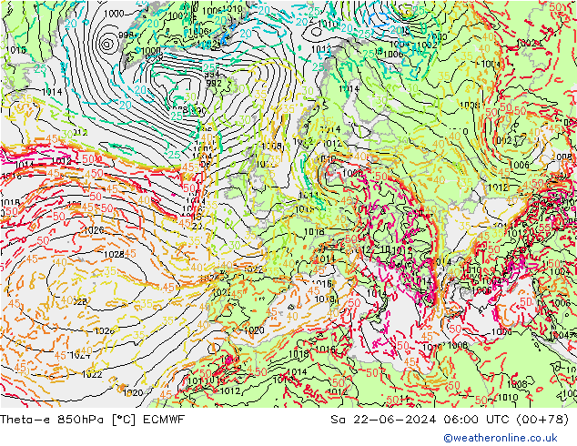 Theta-e 850hPa ECMWF Sa 22.06.2024 06 UTC