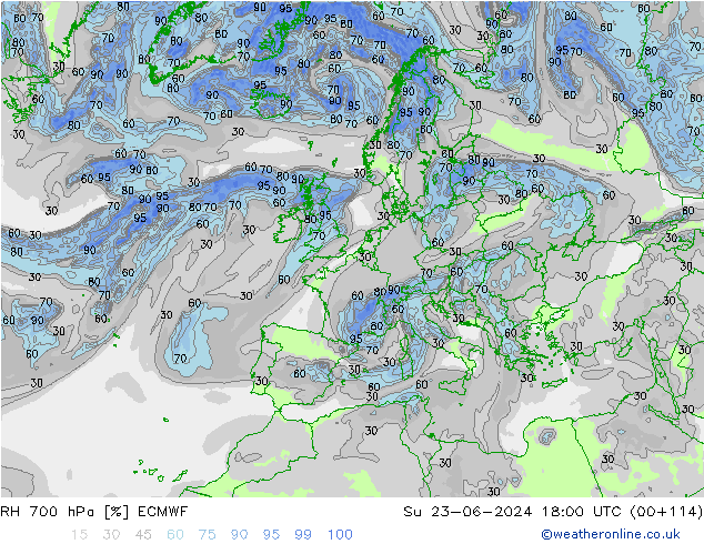 RH 700 hPa ECMWF dom 23.06.2024 18 UTC