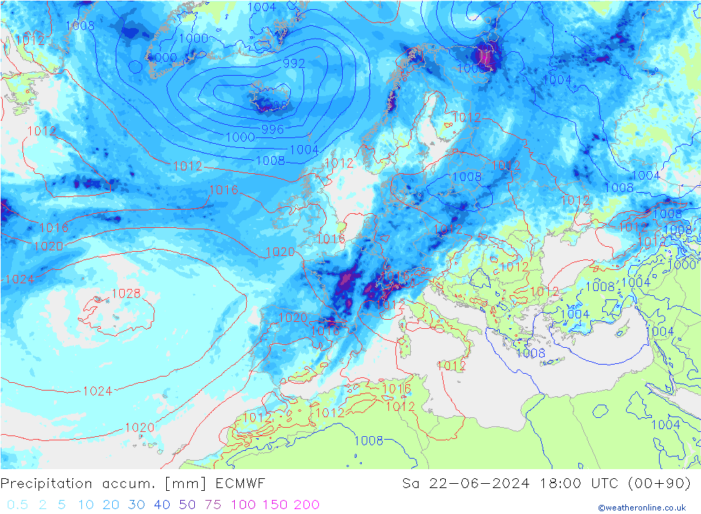 Précipitation accum. ECMWF sam 22.06.2024 18 UTC