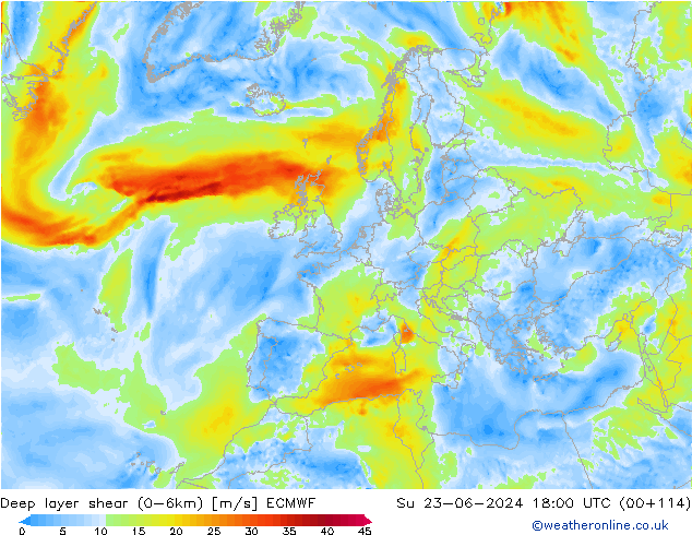 Deep layer shear (0-6km) ECMWF Su 23.06.2024 18 UTC