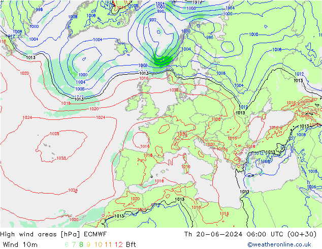 High wind areas ECMWF Th 20.06.2024 06 UTC