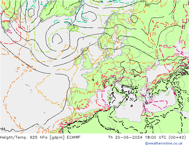 Height/Temp. 925 гПа ECMWF чт 20.06.2024 18 UTC