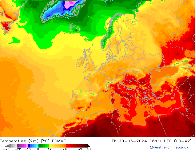 Temperature (2m) ECMWF Th 20.06.2024 18 UTC