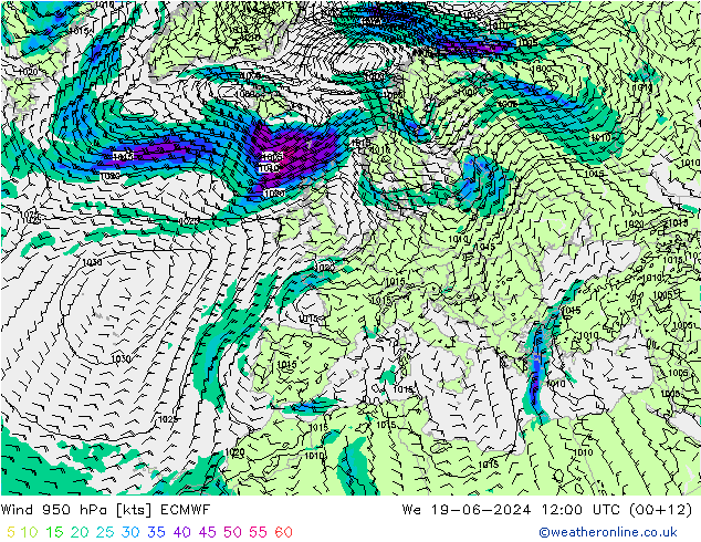 Vento 950 hPa ECMWF mer 19.06.2024 12 UTC