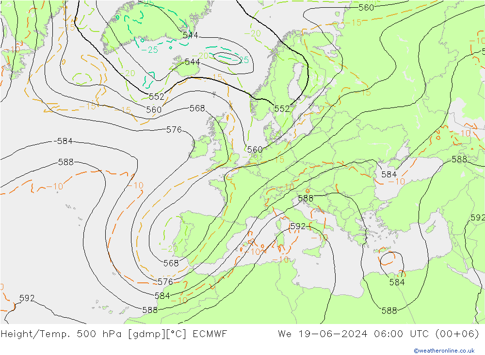 Z500/Rain (+SLP)/Z850 ECMWF Mi 19.06.2024 06 UTC