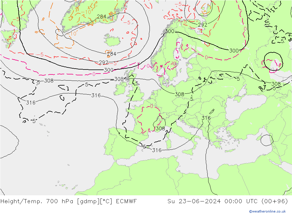 Height/Temp. 700 hPa ECMWF So 23.06.2024 00 UTC