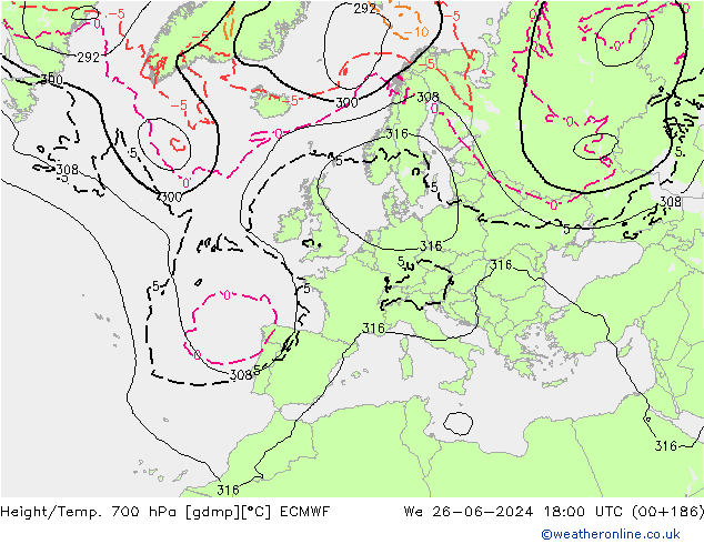 Height/Temp. 700 гПа ECMWF ср 26.06.2024 18 UTC