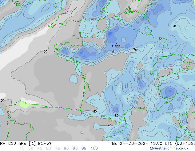 RH 850 hPa ECMWF Mo 24.06.2024 12 UTC