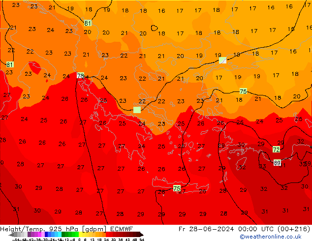 Height/Temp. 925 hPa ECMWF ven 28.06.2024 00 UTC