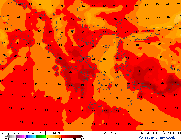 Sıcaklık Haritası (2m) ECMWF Çar 26.06.2024 06 UTC