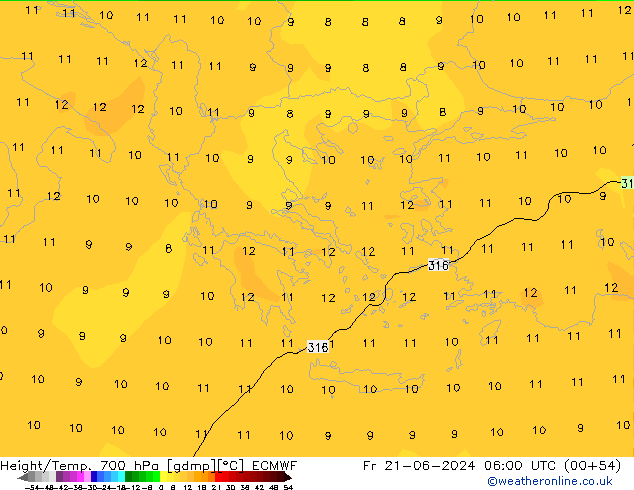 Height/Temp. 700 hPa ECMWF Fr 21.06.2024 06 UTC