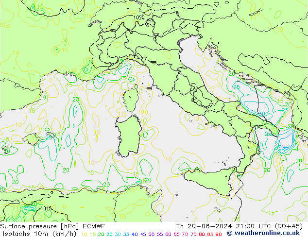 Isotachen (km/h) ECMWF Do 20.06.2024 21 UTC