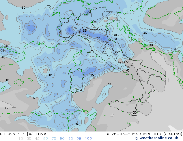 RH 925 hPa ECMWF mar 25.06.2024 06 UTC