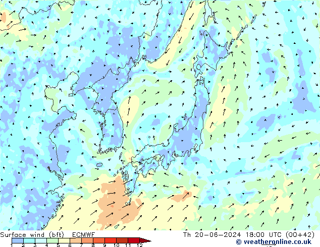 Wind 10 m (bft) ECMWF do 20.06.2024 18 UTC