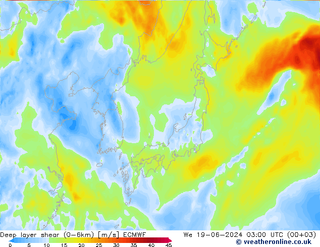 Deep layer shear (0-6km) ECMWF Qua 19.06.2024 03 UTC