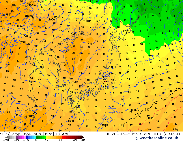 SLP/Temp. 850 hPa ECMWF Th 20.06.2024 00 UTC