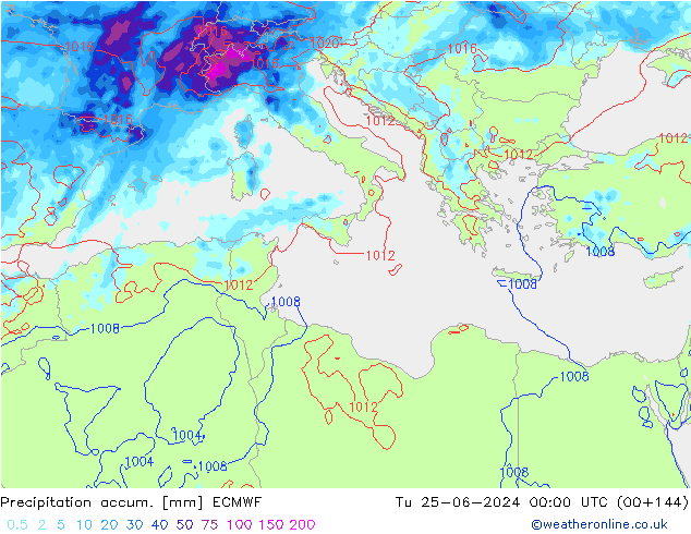 Precipitation accum. ECMWF Tu 25.06.2024 00 UTC