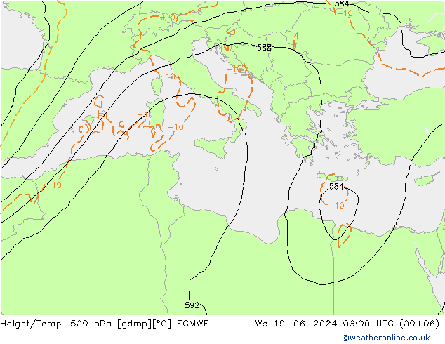 Z500/Yağmur (+YB)/Z850 ECMWF Çar 19.06.2024 06 UTC