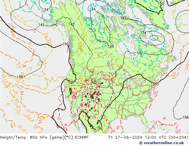 Height/Temp. 850 hPa ECMWF Th 27.06.2024 12 UTC